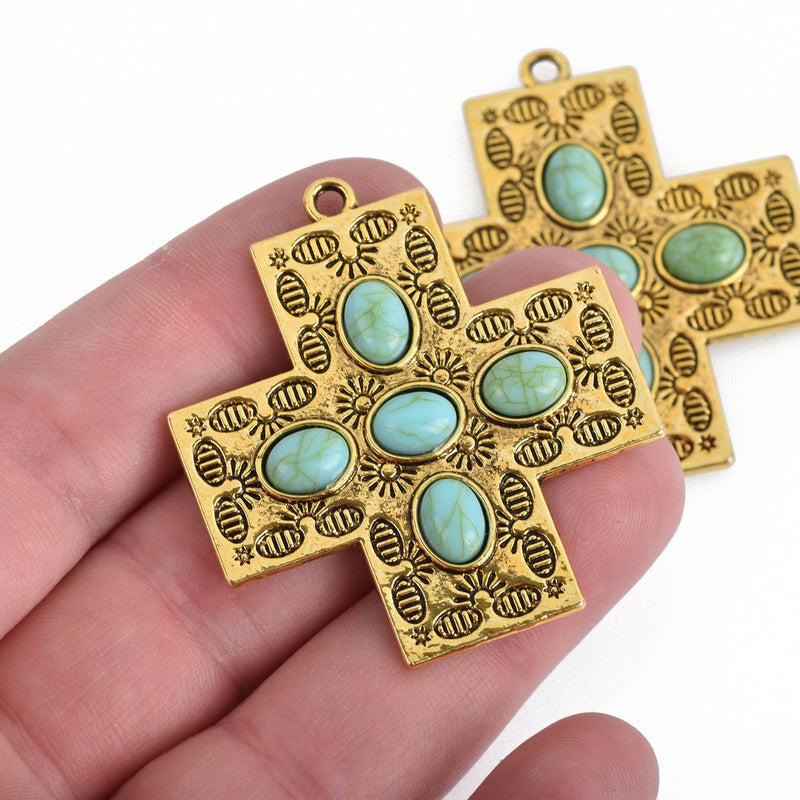 2 Cross Charms, Gold Ox with Turquoise Blue, 43mm, chs3835