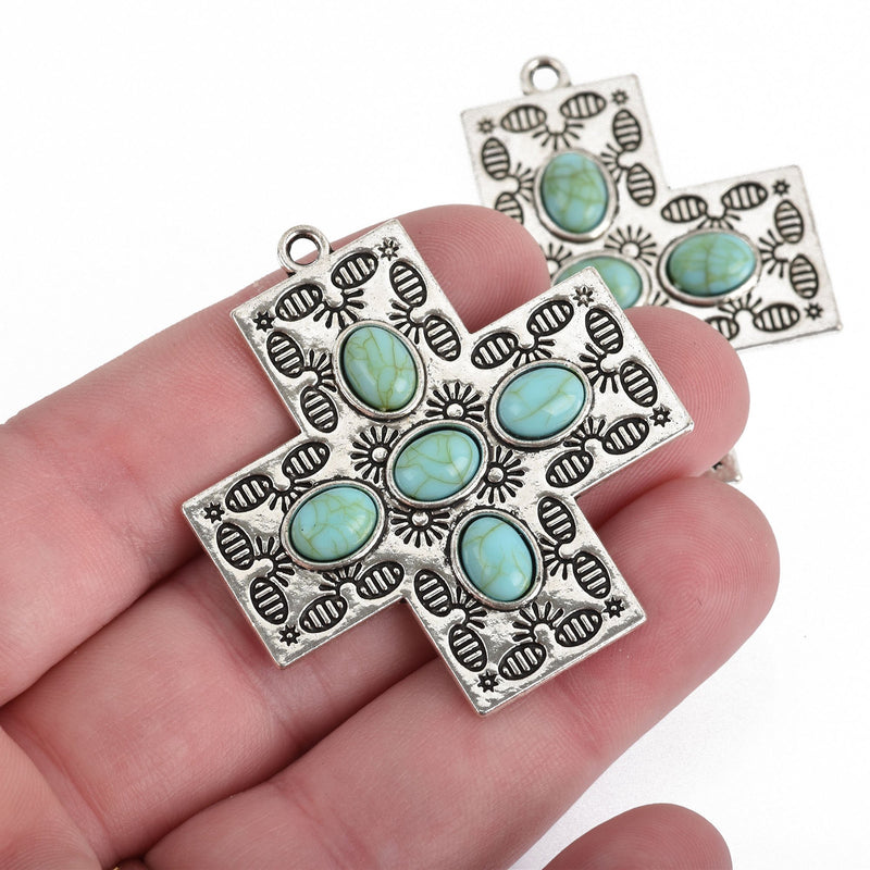 2 Cross Charms, Silver Ox with Turquoise Blue, 43mm, chs3845