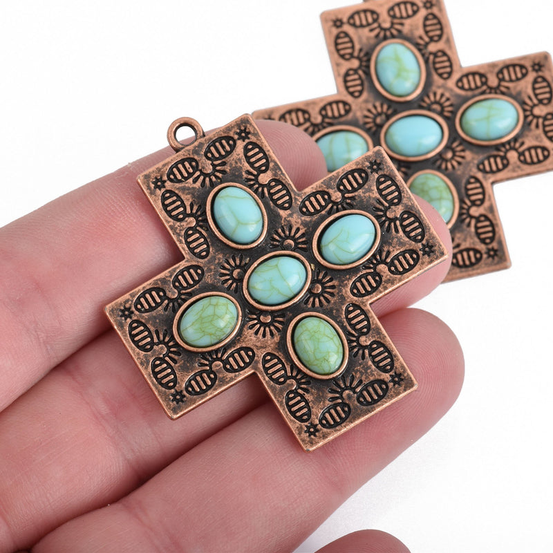 2 Cross Charms, Copper Ox with Turquoise Blue, 43mm, chs3846