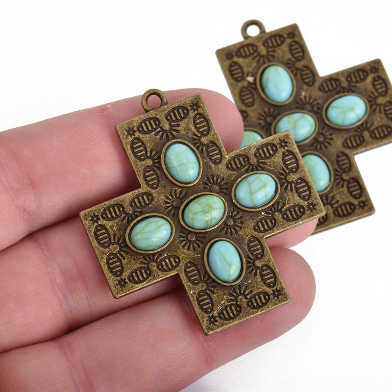 2 Cross Charms, Bronze Ox with Turquoise Blue, 43mm, chs3847