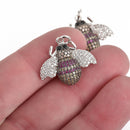 BEE Charm, Micro Pave Cubic Zirconia Crystals, Rhinestone Charm Pendant, Silver Brass Metal, 24x22mm, chs3848