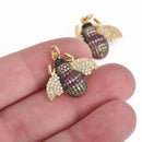 BEE Charm, Micro Pave Cubic Zirconia Crystals, Rhinestone Charm Pendant, Gold Brass Metal, 24x22mm, chs3849