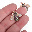 BEE Charm, Micro Pave Cubic Zirconia Crystals, Rhinestone Charm Pendant, Rose Gold Brass Metal, 24x22mm, chs3850