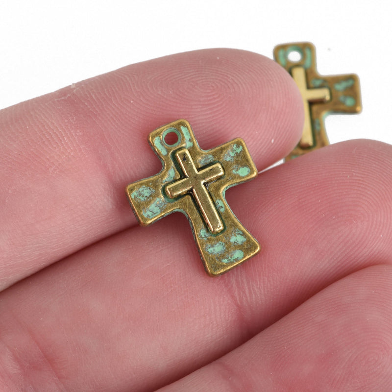 5 Cross Relic Charms, Bronze Patina Hammered Cross with Gold Cross, Green Verdigris, 17mm, chs3852