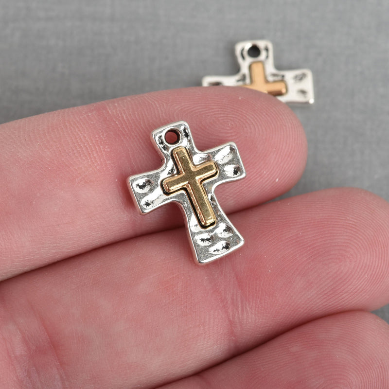 5 Cross Relic Charms, Silver Hammered Cross with Gold Cross, 17mm, chs3853