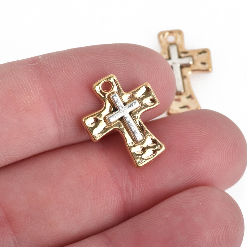 5 Cross Relic Charms, Gold Hammered Cross with Silver Cross, 17mm, chs3854
