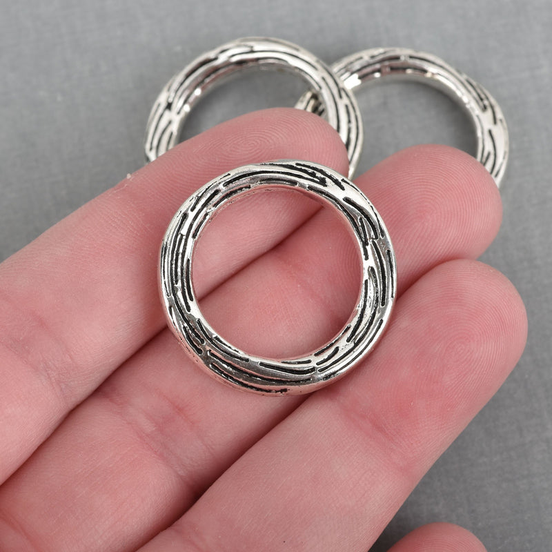 10 Circle Ring Charms, Silver Wood Grain Design, Connector Links, 28mm, chs3860