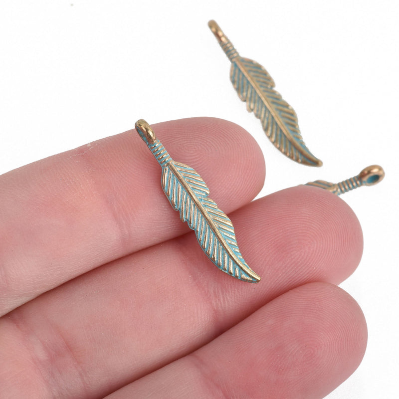 10 Gold Patina FEATHER Charms, Green Verdigris Patina, 29x6mm, 1-1/8" long, chs3868