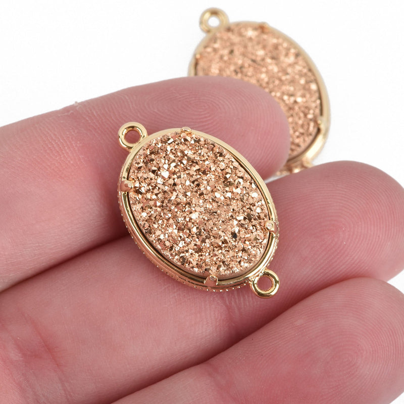 1 Copper Gold Druzy Oval Charm, GOLD bezel connector link, 27x16mm, chs3877