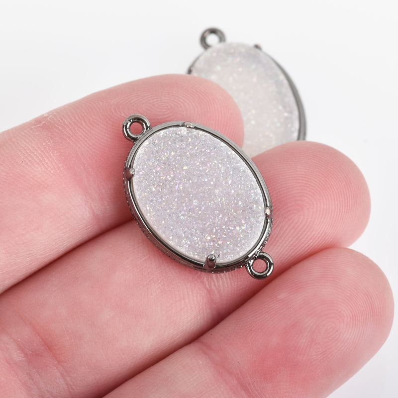 1 STARLIGHT WHITE Druzy Oval Charm, Gunmetal bezel connector link, 27x16mm, chs3880