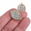 1 Silver Druzy Oval Charm, GOLD bezel connector link, 27x16mm, chs3881