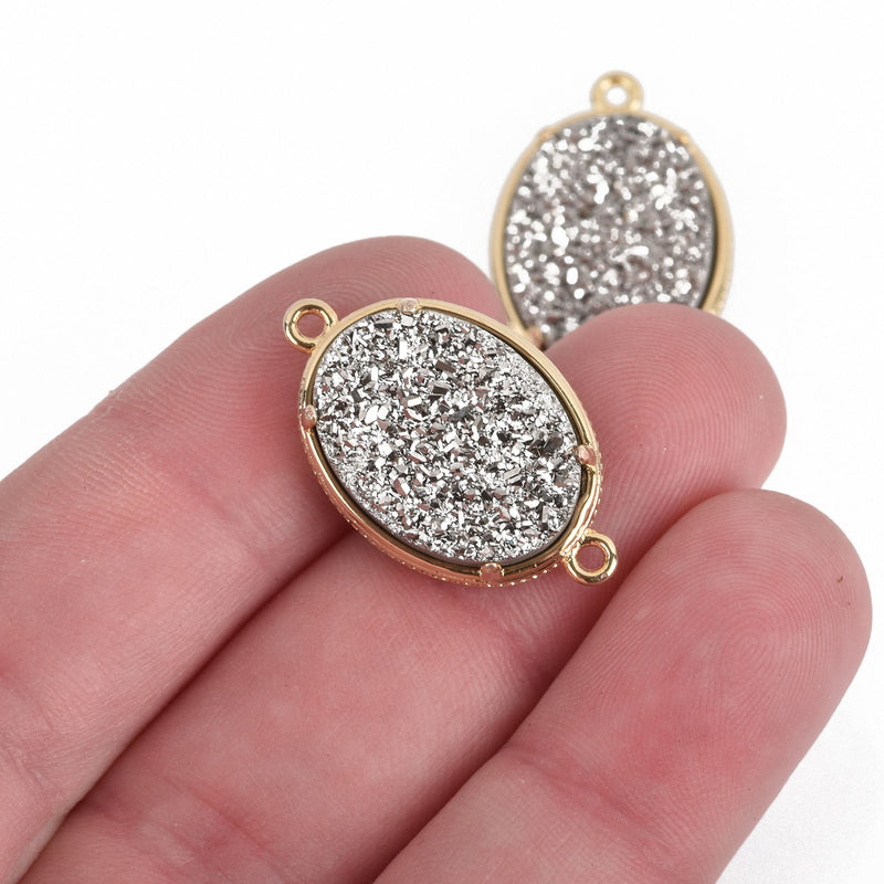 1 Silver Druzy Oval Charm, GOLD bezel connector link, 27x16mm, chs3881