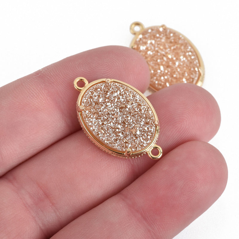 1 Champagne Druzy Oval Charm, GOLD bezel connector link, 27x16mm, chs3882