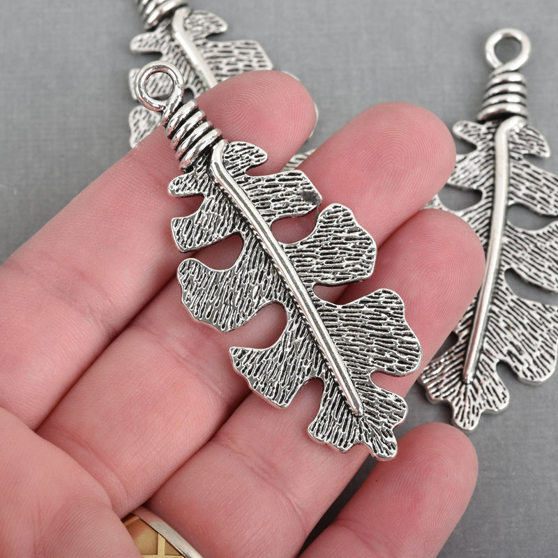 5 Large Antique Silver LEAF Charm Pendants, 2-5/8", chs3885