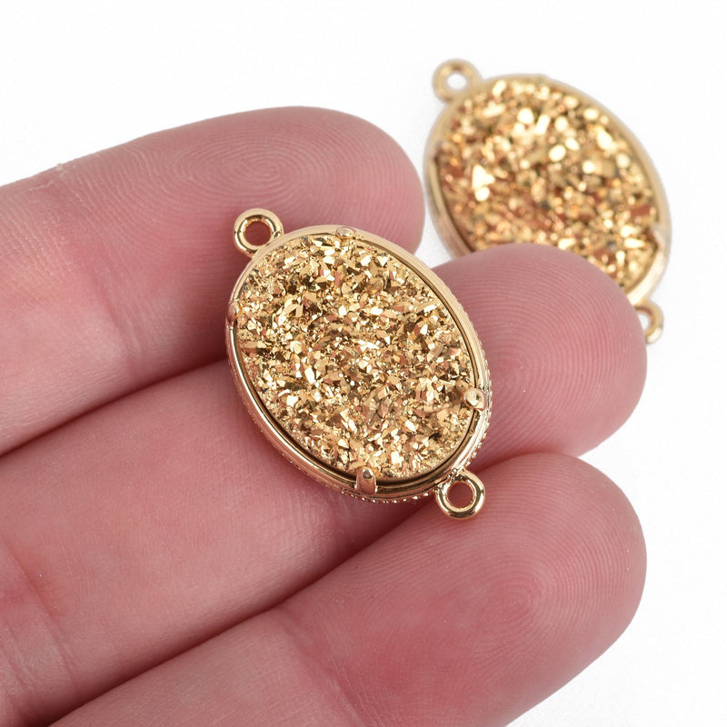 1 Bright Gold Druzy Oval Charm, GOLD bezel connector link, 27x16mm, chs3888