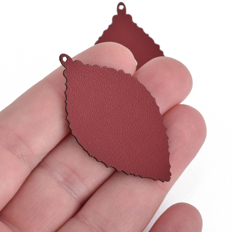 20 DARK RED Faux Leather Charms, LEAF, vegan leather, 1-7/8" long, chs3890