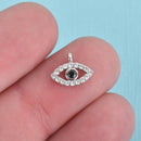 2 Silver Evil Eye Charms, Hand-Set CZ Cubic Zirconia Rhinestones, Lucky Eye Charm, 11mm, chs3903