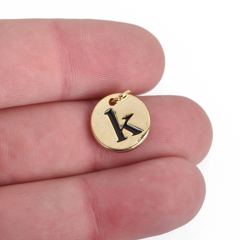 1 Letter K Gold Charm, Gold Plated Circle Disc Charm Pendant, 1/2", 13mm, chs3904