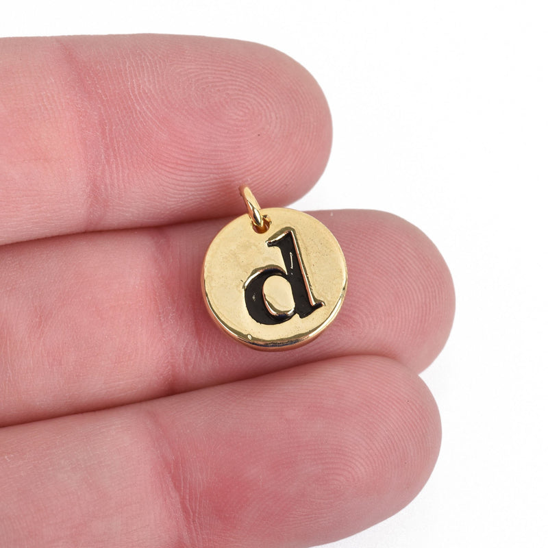 1 Letter D Gold Charm, Gold Plated Circle Disc Charm Pendant, 1/2", 13mm, chs3905