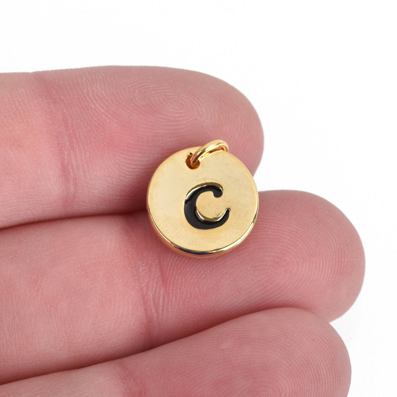 1 Letter C Gold Charm, Gold Plated Circle Disc Charm Pendant, 1/2", 13mm, chs3906