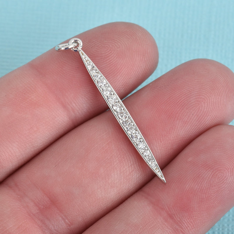 1 Silver Stick Charm Pendant, Micro Pave Cubic Zirconia Crystals, Rhinestone with Silver Brass Metal, 1-3/8", chs3907