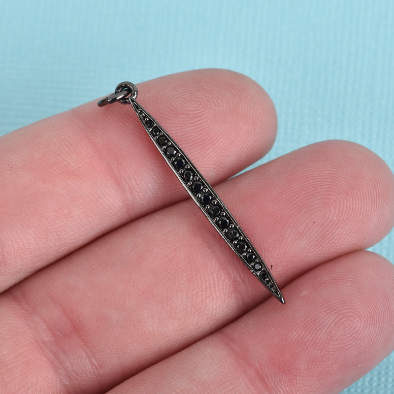1 Black Spike Charm Pendant, Micro Pave Cubic Zirconia Crystals, Rhinestone with Gunmetal Brass Metal, 1-3/8", chs3909