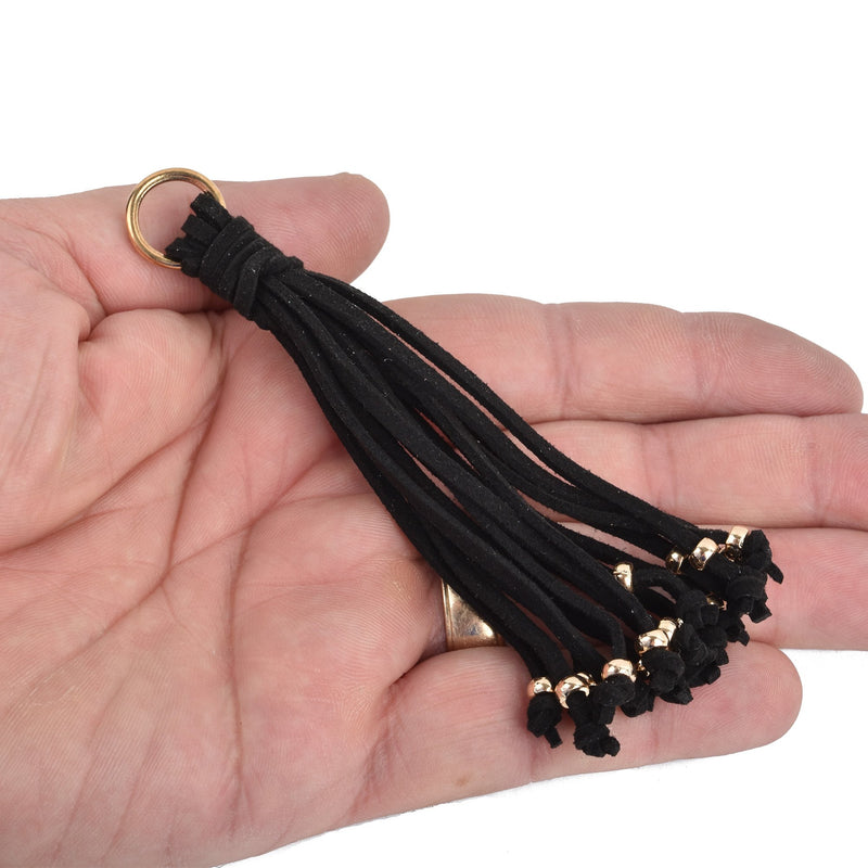 1 Black Suede Tassel, gold ring and beads, 4-1/2" long, chs3910