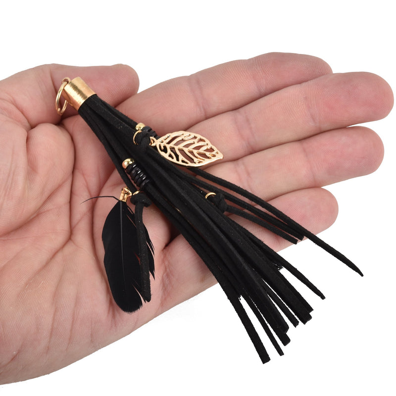 1 Black Suede Tassel, gold charms and beads, 5-1/4" long, chs3911