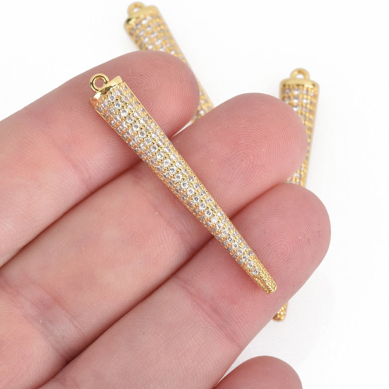 1 Gold Spike Charm Pendant, Micro Pave Cubic Zirconia Crystals, Rhinestone with Gold Brass Metal, 1-3/4", chs3914