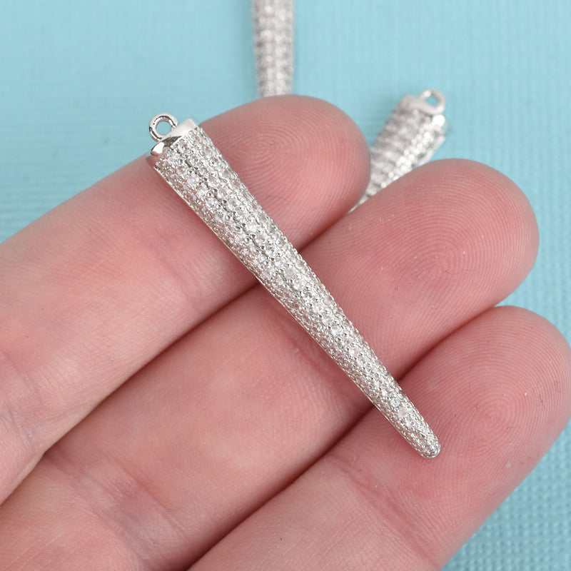 1 Silver Stick Charm Pendant, Micro Pave Cubic Zirconia Crystals, Rhinestone with Silver Brass Metal, 1-3/4", chs3916