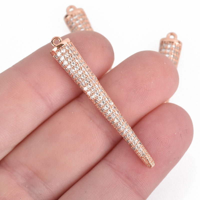 1 Rose Gold Spike Charm Pendant, Micro Pave Cubic Zirconia Crystals, Rhinestone with Rose Gold Brass Metal, 1-3/4", chs3917