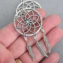 5 Silver Feather Dream Catcher Charm Pendants, 3" long, chs3921