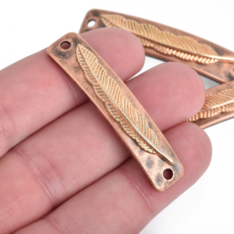 5 FEATHER Bracelet Connector Links, copper base with gold feather, curved bracelet charms, 48x10mm, chs3928