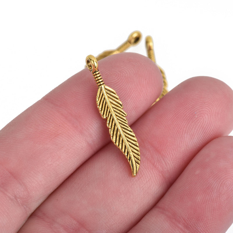10 Gold FEATHER Charms, Oxidized Gold, 29x6mm, 1-1/8" long, chs3934