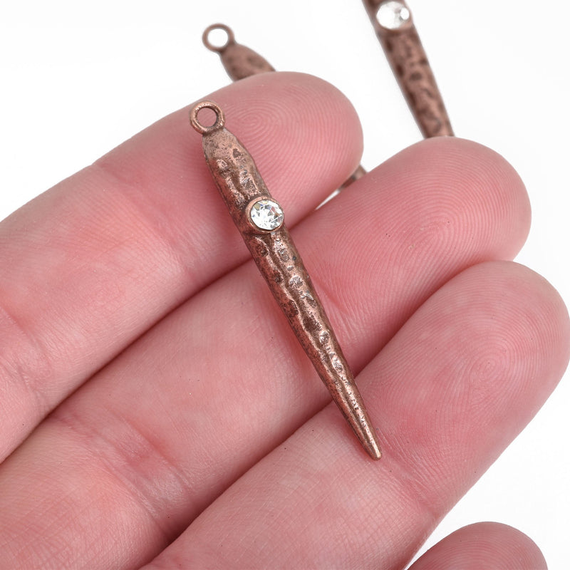 5 Copper Stick Charms, Rhinestone with Hammered Metal Spike, 1-5/8", chs3936