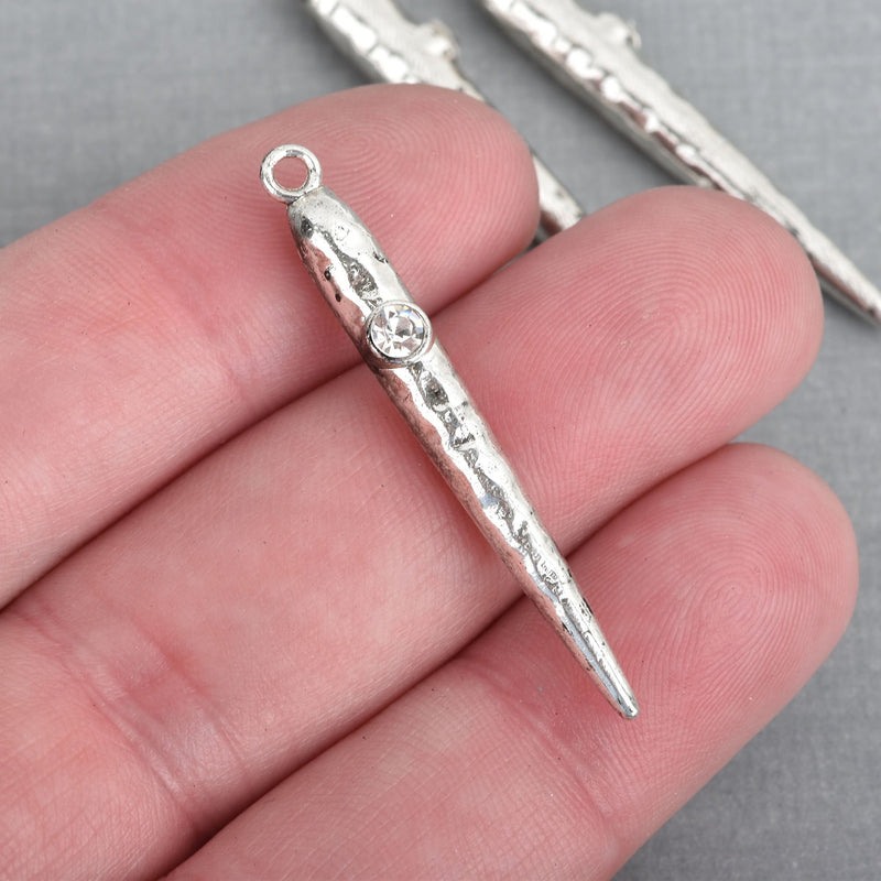 5 Silver Stick Charms, Rhinestone with Hammered Metal Spike, 1-5/8", chs3937