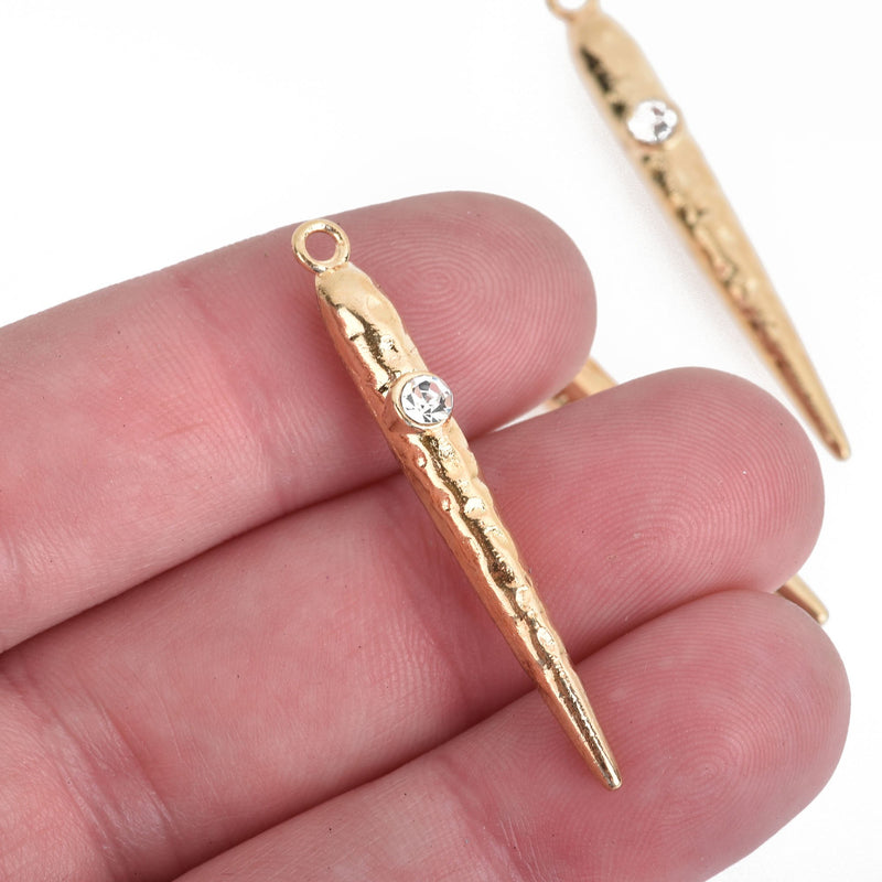 5 Gold Stick Charms, Rhinestone with Hammered Metal Spike, 1-5/8", chs3938