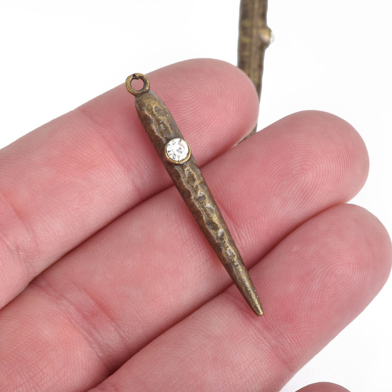 5 Bronze Stick Charms, Rhinestone with Hammered Metal Spike, 1-5/8", chs3939