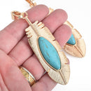 Large FEATHER Pendant, Faux Turquoise Cabochon, Light Gold Metal, 3-1/4" long, chs3943