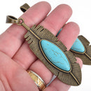 Large FEATHER Pendant, Faux Turquoise Cabochon, Bronze Metal, 3-1/4" long, chs3944