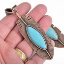 Large FEATHER Pendant, Faux Turquoise Cabochon, Copper Metal, 3-1/4" long, chs3945