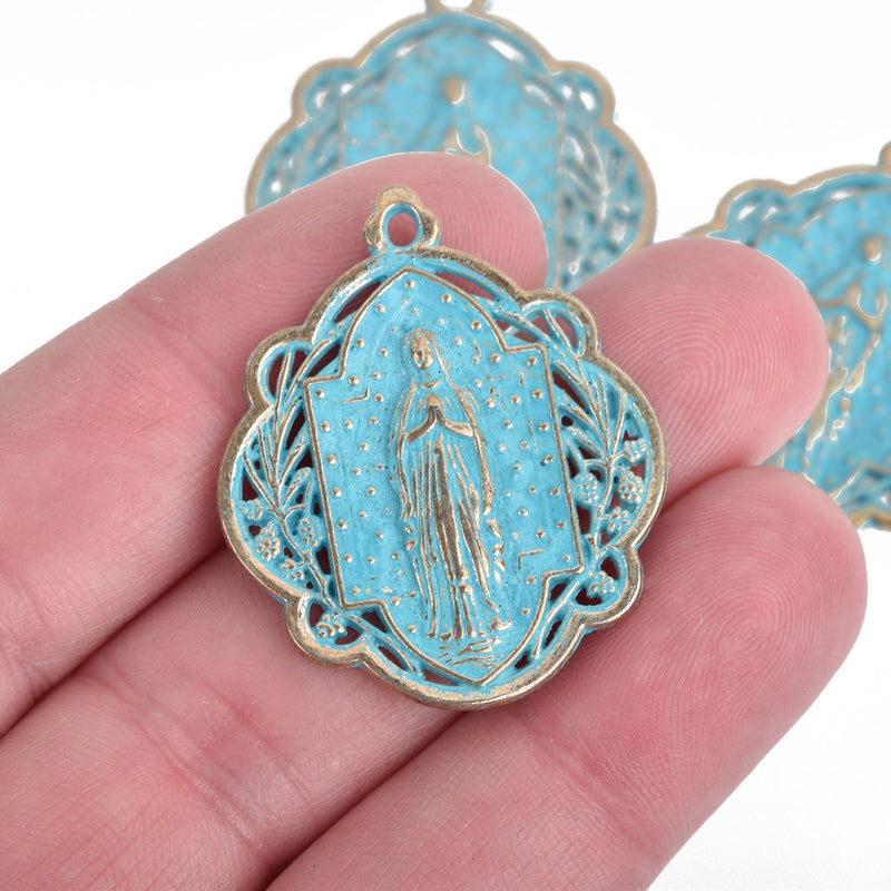 5 Light Gold Relic Charm Pendants, Blue Verdigris Patina, religious medal coin charms, Gold plated metal, 34x29mm, chs3948