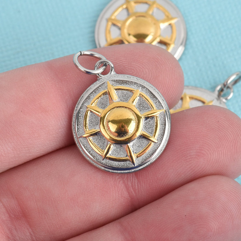 1 Stainless Steel Compass Charms, Silver and Gold, 28mm, chs3951