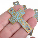 2 Large Bronze Cross Connector Links, blue verdigris patina, hammered metal, 50mm, chs3953