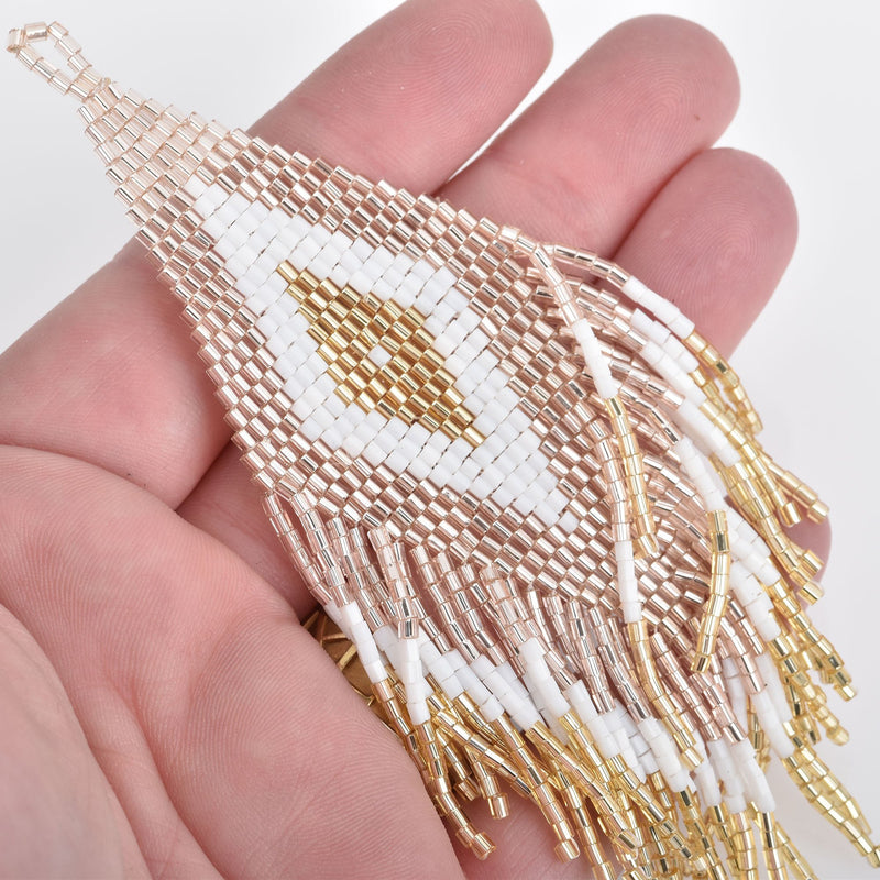 1 Beaded Fringe Tassel Pendant, Miyuki Delica Seed Beads, Chevron Diamond Design, gold,rose gold, white, 4.75" long, chs3957