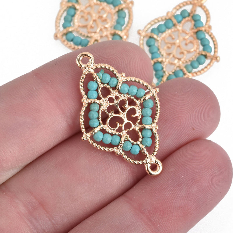 2 Gold Quatrefoil Charms, TURQUOISE Seed Beads, Filigree Connector Link, 1.25" long, chs3958