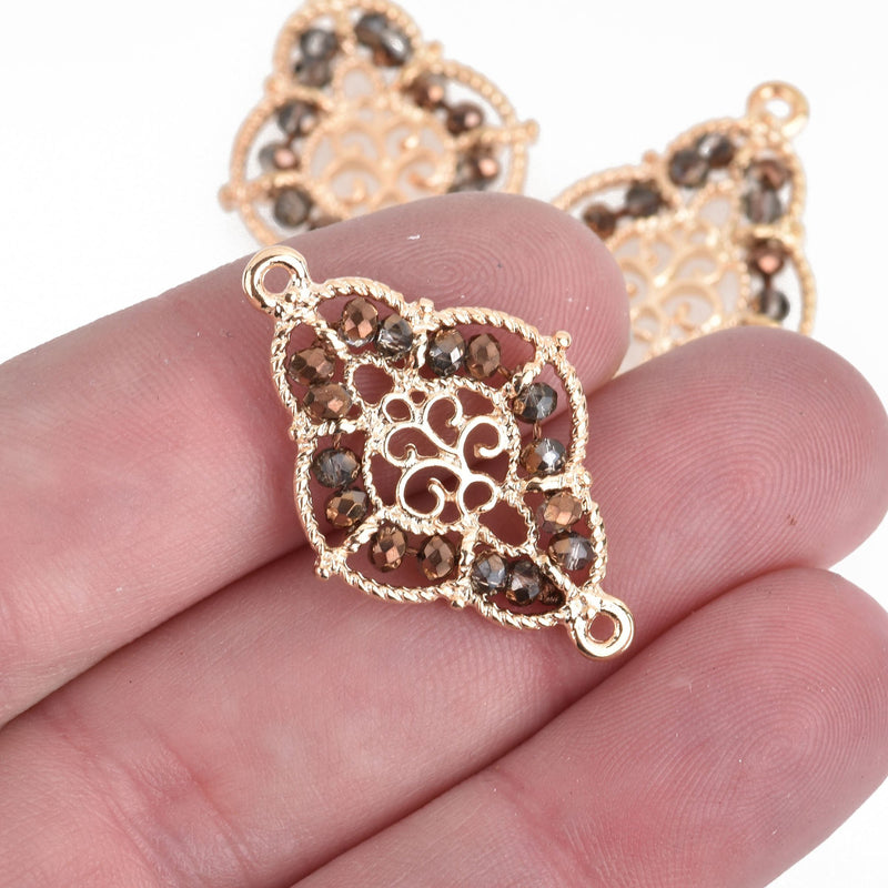 2 Gold Quatrefoil Charms, BRONZE Crystal Beads, Filigree Connector Link, 1.25" long, chs3959