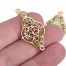 2 Gold Quatrefoil Charms, MINT GREEN Crystal Beads, Filigree Connector Link, 1.25" long, chs3960