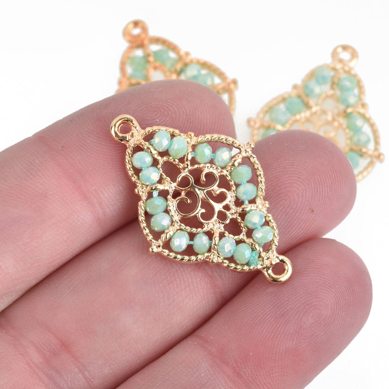 2 Gold Quatrefoil Charms, GREEN OPAL Crystal Beads, Filigree Connector Link, 1.25" long, chs3962