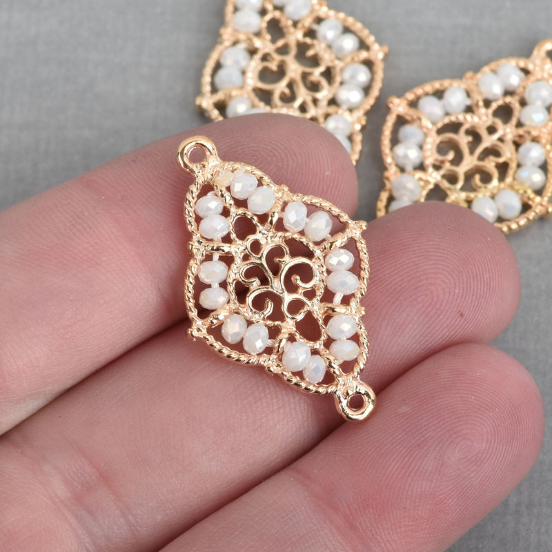 2 Gold Quatrefoil Charms, WHITE AB Crystal Beads, Filigree Connector Link, 1.25" long, chs3963